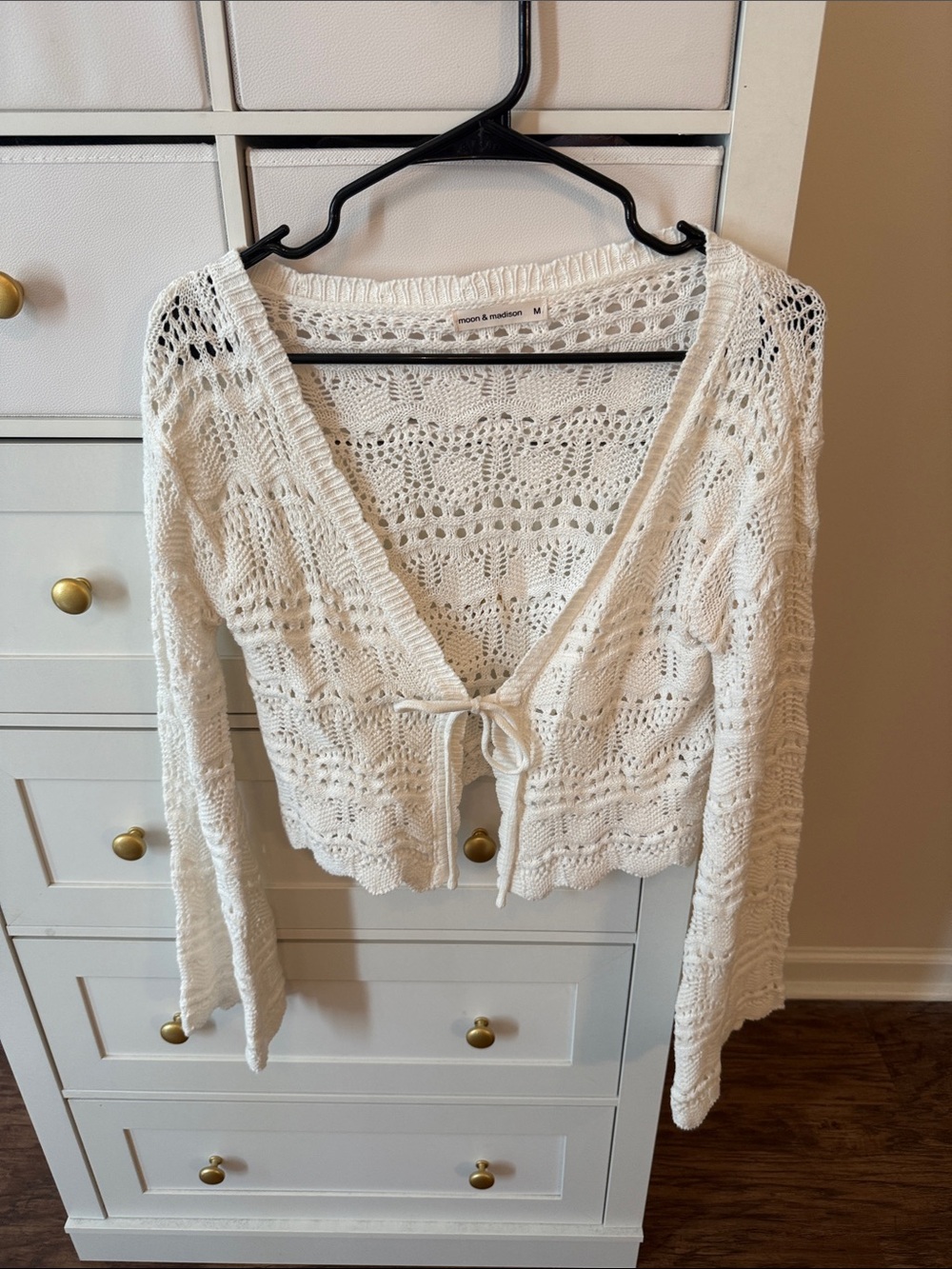 Lightweight White Crochet Tie-Front Women's Sweater